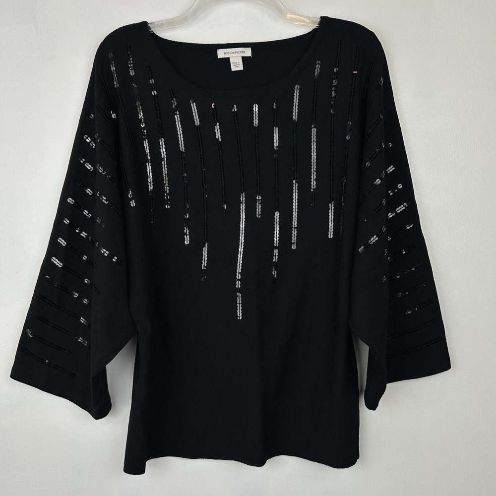 Boston Proper Sweater Top L Black Sequin Stretch Event Holiday Party Wedding